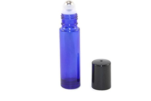 10ml DEEP COBALT BLUE Glass Roll-On THICK Bottles (144) with Stainless Steel Roller Balls - and Flat Black Caps, Refillable Aromatherapy Essential Oil Roll On (144 of each)