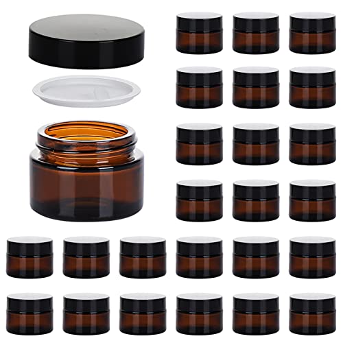 1oz Glass Jar with Lid, Hoa Kinh 30Pack Amber Round Containers Cosmetic Glass Jars with Inner Liners and Black Lids Travel Jars for Storing Lip and Body Scrub, Lotion, Body Butter, Bath Salts, Liquid