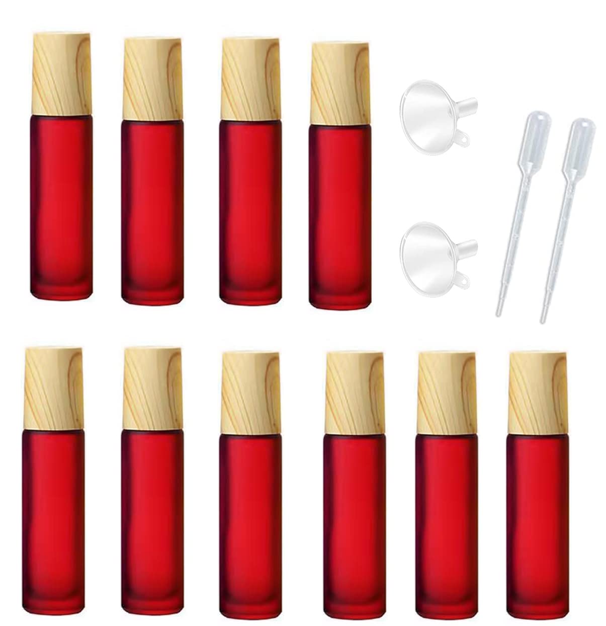 10 Pcs Frosted Glass Essential Oils Roll on Bottles,10ml Refillable Massage Roller Bottles Perfume Bottles with Stainless Steel Ball Wood Grain Cap Empty Travel Roller Essential Oils Vials(Red)