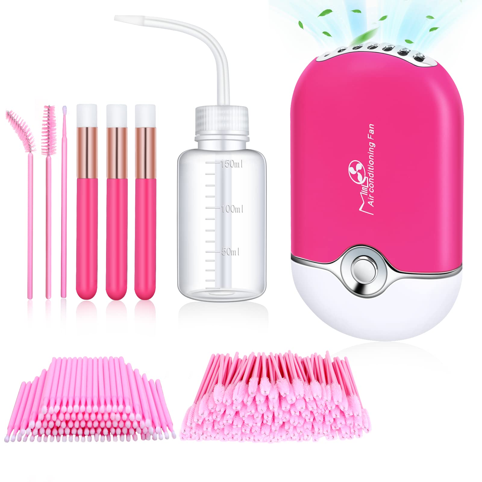105 Pieces USB Mini Portable Fan Rechargeable Air Conditioning Blower Lash Shampoo Brushes Plastic Wash Bottle Eyelash Mascara Brushes (Rose red)